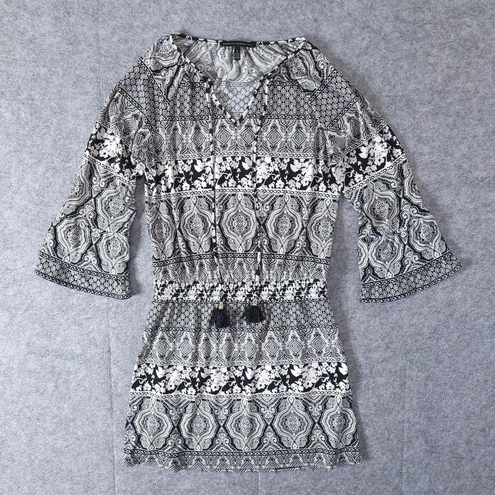 WHITE HOUSE BLACK MARKET Medallion AOP Blouson Bell Sleeve Stretch Waist Dress 8